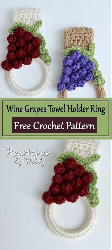 Free Crochet Grape Patterns Crochet Wine Accessories, Crochet Grapes Pattern, Crochet Wine Bottle Toppers, Crochet Grapes Pattern Free, Grapes Crochet, Crochet Grapes, Towel Toppers, Fruity Design, Crochet Towel Topper