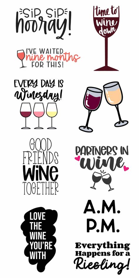 Use these 10 FREE Wine SVG Files with your Cricut, Silhouette, and Glowforge to create your own wine-themed shirts, mugs, home décor, and more! Wine Puns, Wine Glass Sayings, Themed Shirts, Projets Cricut, Wine Bottle Tags, Svg Bundles, Wine Bottle Bag, Wine Svg, Wine Signs