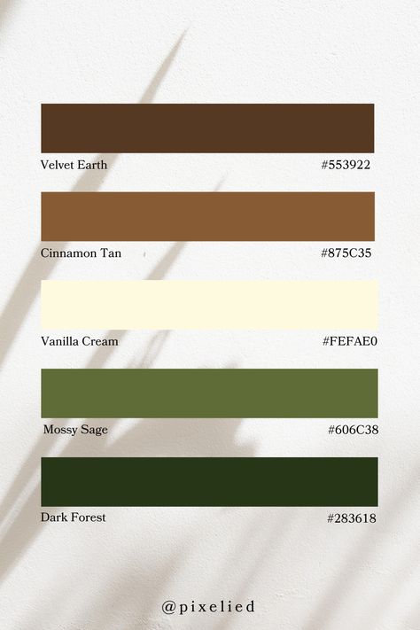 A rich and earthy tone color palette inspired by nature. Deep browns and greens evoke a sense of grounding, while a creamy vanilla hue adds lightness and balance. Perfect for projects seeking a natural and warm tone. Forest Green And Brown Color Palette, Woodsy Color Palette, Color Palette Green Earth Tones, Earthy Pallet, Earth Tones Palette, Color Scheme Generator, Earth Colour Palette, Tone Color Palette, Warm Tone Colors