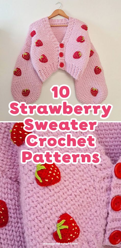 Get ready to create something incredibly cute with these sweet strawberry crochet sweater patterns. Whether you are looking to make something special for yourself or a loved one, this quick and easy crochet pattern is just perfect. Amigurumi Patterns, Crochet Sweater Strawberry, Cute Crochet Top Tutorial, Kawaii Crochet Sweater, Crochet Strawberry Top Pattern, Crochet Ideas Strawberry, Crochet Strawberry Sweater Pattern, Crochet Strawberry Cardigan Pattern Free, Strawberry Crochet Cardigan Pattern