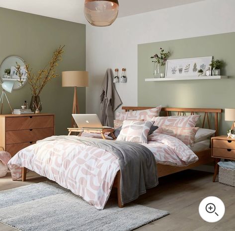 King Size Bedroom Sets Furniture Modern, Scandi Green Bedroom, Green Wooden Bedroom, Green Style Bedroom, Sage Green Mid Century Modern Bedroom, Scandi Style Interiors, Wooden Style Bedroom, Bedroom Inspirations Wooden Bed, Green Wood Bedroom