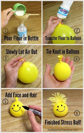 A fun way for kids to get rid of the grumpies - help them make a homemade stress ball for squeezing away those frustrations! Cool Things To Do With Balloons, Make Your Own Fidgets, Squishy Balls Diy, Diy Stressball With Flour, Craft For School Age Kids, Sensory Activities School Age, Afterschool Club Activities, Diy With Kids Easy, Diy Stressball How To Make