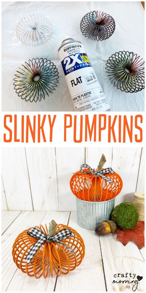 Slinky Pumpkin Decor - fun cheap halloween decorations to make at home. Fun DIY art project for fall. Halloween dollar tree craft. Dollar store idea that is easy. Black and white plaid. So cute Dollar Store Fall Crafts Diy Outdoor, Fall Outside Decor Ideas, Diy Pumkin Decoration, Cute Easy Crafts For Adults, Thanksgiving Diy Decorations Dollar Tree, Easy Cheap Fall Crafts, Cheap And Easy Fall Decor, Cute Diy House Decor, Easy Fall Dollar Tree Crafts