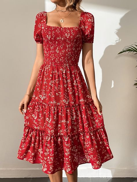 SHEIN Tall Ditsy Floral Shirred Detail Square Neck Puff Sleeve Dress for Sale Australia| New Collection Online| SHEIN Australia Midi Floral Dress, Plus Size Mini Dresses, Red Boho, Shein Dress, Square Neck Dress, Bohemian Floral, Tiered Midi Dress, Boho Stil, Ruffle Hem Dress