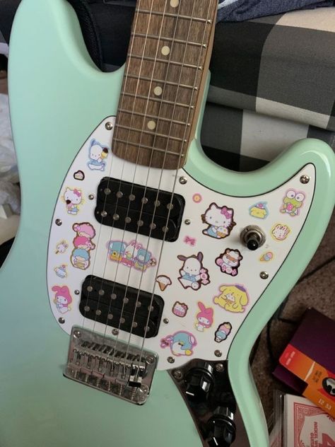 Sanrio Electric Guitar, Electric Guitar Aesthetic Stickers, Sticker Guitar Aesthetic, Electric Guitar Sticker Aesthetic, Electric Guitar Hello Kitty, Guitars With Stickers, Pretty Electric Guitar, Sanrio Guitar, Stickers On Guitar