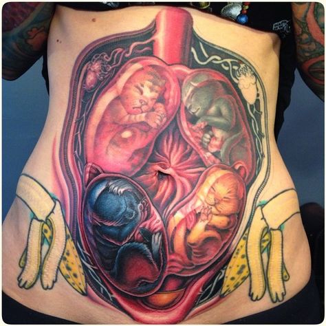 "Cat Womb" tattoo by Tim Kern with bananas for ... scale? - Imgur 3d Tattoos, Bad Tattoos, Tattoos Torso, Horrible Tattoos, Terrible Tattoos, Torso Tattoos, Belly Tattoo, Epic Tattoo, Tattoo Fails