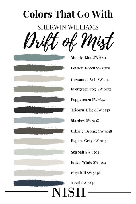 Coordinating Colors With Drift Of Mist, Drift Of Mist Paint Color, Drift Of Mist Sherwin Williams Coordinating Colors, Drift Of Mist Color Palette, Drift Of Mist Living Room, Sherwin Williams Drift Of Mist Coordinating Colors, Colors That Go With Drift Of Mist, Sw Drift Of Mist Coordinating Colors, Eider White Coordinating Colors