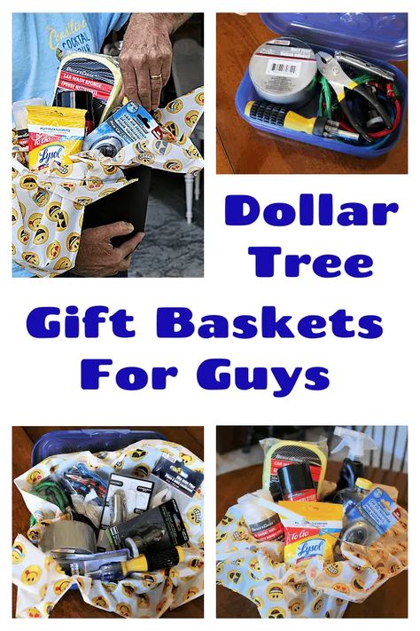 Impressive Dollar Tree Gift Baskets For Guys Guy Gift Basket, Dollar Tree Gift Baskets, Car Gift Basket, Dollar Tree Birthday, Cheap Gift Baskets, Diy Dollar Tree Gifts, Dollar Tree Baskets, Dollar Store Gifts, Dollar Tree Gifts