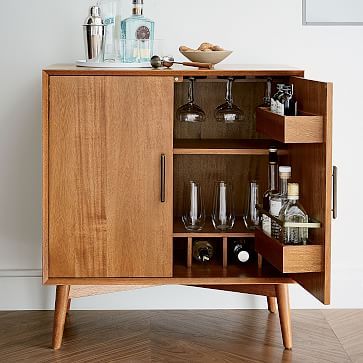 Mid-Century Bar Cabinet - Small Mini Bar Ideas Small Spaces, Small Bar Cabinet, Alcohol Cabinet, Mid Century Bar Cabinet, Small Bar Area, Coffee Bar Cart, Home Bar Cabinet, Coffee Bar Station, Coffee Room