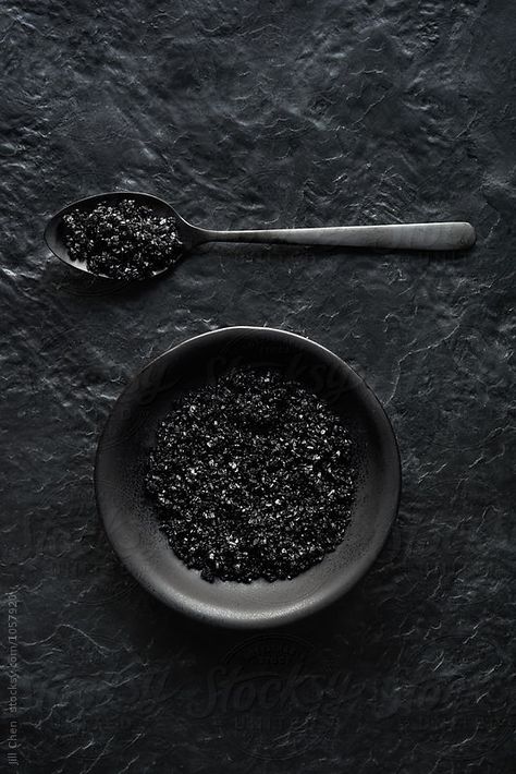 Black image, charcoal sea salt crystals on dark crockery and slate Charcoal Grey Aesthetic, Charcoal Aesthetic, Black Color Image, Black Objects, Black Items, Black Things, Everything Black, Black Stuff, Black Like Me