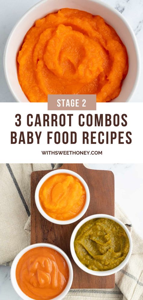 Are you in search of nutritious and easy-to-prepare carrot baby food combinations for your little one? You are in the right place! I�’ll go over 3 baby food recipes that include carrots and show you how to prepare, cook and puree them. These recipes are perfect for babies in stage 2 of eating and are easy to customize. #babyfood #carrotpurees #babyfoodpurees #homemadebabyfood Baby Puree Recipes Stage 2, Carrot Baby Food, Carrot Baby Puree, Baby Spinach Recipes, Baby Food Recipes Stage 1, Carrot Baby, Easy Homemade Baby Food, Baby Carrot Recipes, Baby Food Combinations