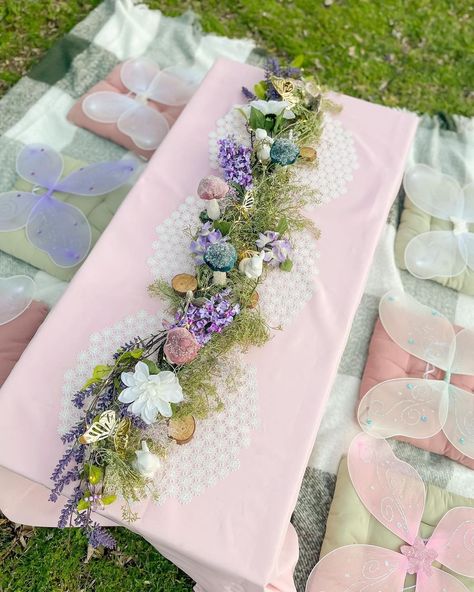 Fairy Tablescape Fairy Theme Table Centerpiece, Fairy Birthday Party Table Decorations, Butterfly Fairy First Birthday, Butterfly Fairy Themed Birthday Party, Birthday Themes Fairy, Diy Fairy Themed Birthday Party, Fairy Theme Table Decor, Indoor Fairy Birthday Party, Fairy Party 1st Birthday