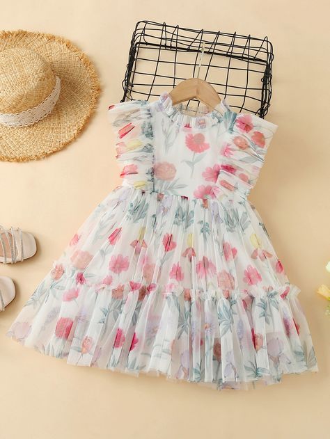 White Cute Collar Cap Sleeve Polyester Floral Smock Embellished Non-Stretch  Toddler Girls Clothing Floral Dress For Kids, Floral Print Frock, Sequin Mesh Dress, Frocks For Kids, Baby Girl Princess Dresses, Girls Spring Dresses, Shein Kids, Baby Dress Design