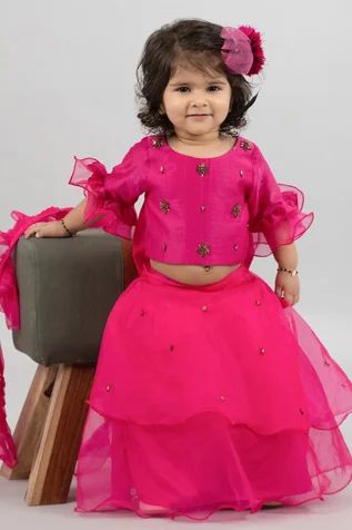 Shop for Darleen Kids Couture Magenta Phooljhadi Embroidered Crop Top Lehenga Set For Girls Online at Aza Fashions Couture, Chanderi Lehenga, Layered Lehenga, Crop Top Lehenga, Kids Party Wear, Embroidered Crop Top, Embroidery Beads, Embroidered Crop Tops, Ruffle Fabric