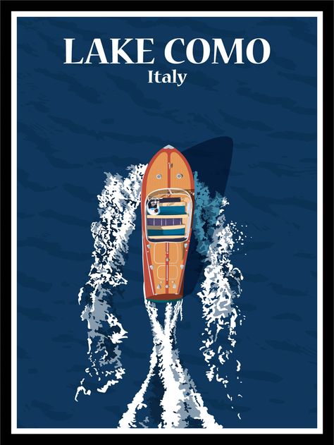 Lake Como Poster, Lake Graphic Design, Blue Poster Prints, Spring Poster, Art Deco Travel Posters, Sports Design Ideas, Vintage Ski Posters, Como Lake, Italy Poster