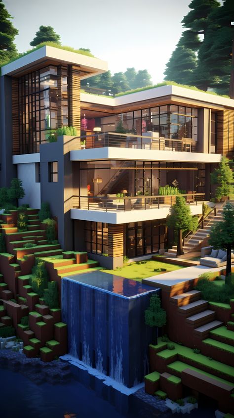 Minecraft Mountain House Modern, Cool Mc Houses, Big Modern House Minecraft, Minecraft Modular House, Minecraft Infinity Pool, Minecraft Steampunk House Tutorial, Modern Stone House Minecraft, Modern Homes Minecraft, Types Of Minecraft Houses