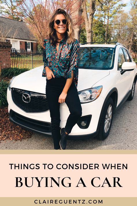 What to Consider Financially When Buying a New Car | I just bought my first car in 13 years &  there were a lot of things I considered before buying - do I go new or used, should I buy the luxury vehicle I want because it technically fits in my budget, or is there a better use for that money? One thing I knew is I wanted to buy it with cash rather than finance it. Read to get my tips for buying a car & staying aligned with your financial goals. | Claire Guentz #carbuyingtips #financialtips Car Buying Outfit, Buying My First Car, Bought My First Car, Car Outfit, Buying A New Car, My First Car, Buying A Car, Luxury Vehicle, Mazda Cx5