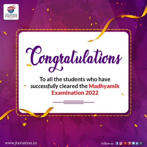 JT Aviation College heartily congratulates all the students who have successfully cleared Madhyamik Examination 2022. We wish them all the best for their future. 💐👏🏻🎉 #madhyamik #students #examination #resultout #result #congratulations #JTAviationCollege Aviation College, All The Best, Novelty Sign, Quick Saves