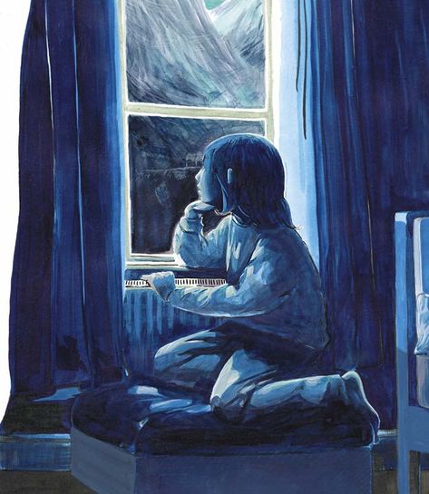 Small girl in her pyjamas in her unlit bedroom looking out into the dark night at the mountains through the open curtains of her bedroom window. Night Bedroom Illustration, Looking Out The Window Illustration, Looking Through Window Illustration, Dark Bedroom Drawing, Looking Through Window Art, Night Window Illustration, Open Window Illustration, Looking Out The Window Drawing, Open Curtains