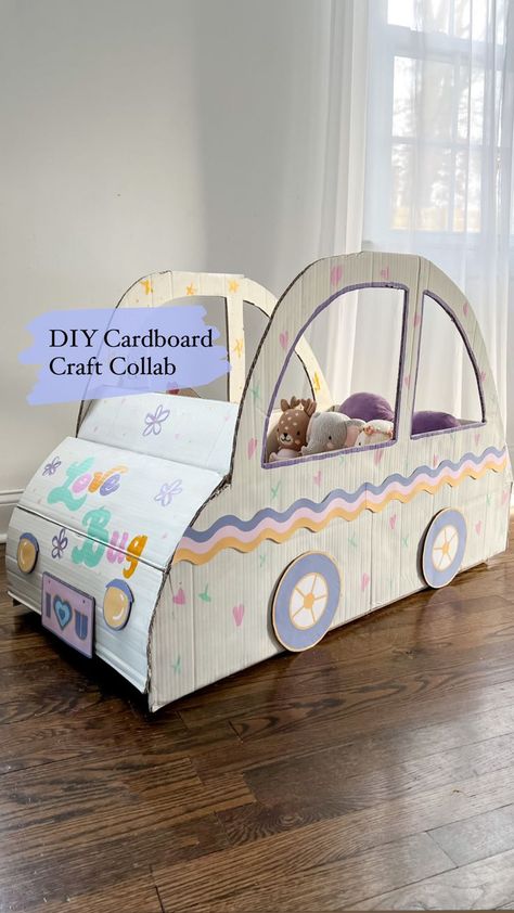 Cardboard punch buggy car template, instructions, and free printables by Hopscotch city Disfraz Toy Story, Car Template, Punch Buggy, Cardboard Box Car, Cardboard City, Cardboard Play, Buggy Car, Cardboard Diy, Cardboard Car