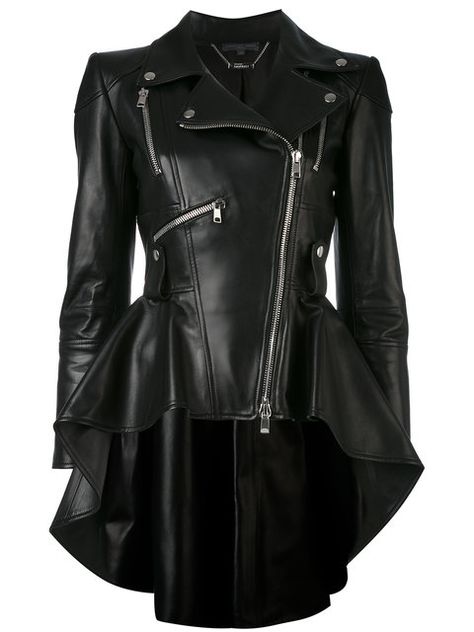 ALEXANDER MCQUEEN Peplum Biker Jacket. #alexandermcqueen #cloth #jacket Long Biker Jacket, Leather Jacket Reference, Emo Jacket, Pretty Jackets, Black Jacket Dress, Fantasy Jacket, Bikers Jacket, Biker Dress, Goth Jacket