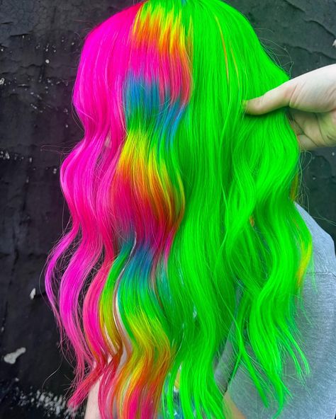 Balayage, Crazy Vivid Hair, Dimensional Vivid Hair, Vivid Color Balayage, Vivid Hair Color Placement Ideas, Danger Jones Hair Color, Neon Hair Color Ideas, Fantasy Hair Color Ideas, Neon Rainbow Hair