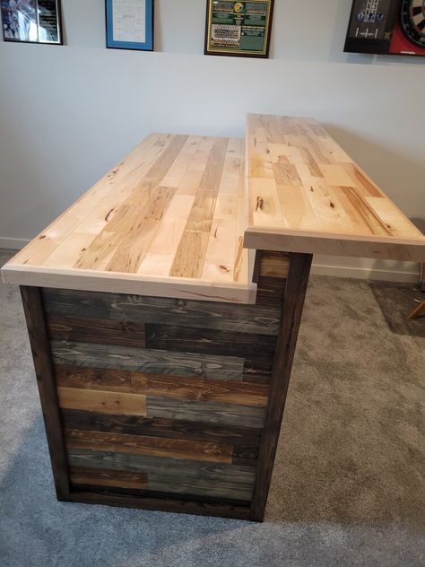 Wooden Bar Top Basement, Diy Counters Kitchen, Building A Bar Diy, Diy Bartop Counter, How To Build A Breakfast Bar, Diy Bar From Cabinet, How To Make A Bar Top, Diy Bar Island, Diy Indoor Bar Ideas