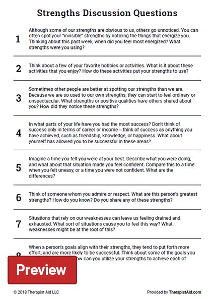 Writing and conversation prompts to explore your strengths Adlerian Group Therapy Activities, Questions To Ask Clients In Therapy, Therapy Discussion Questions, Strength Based Therapy Activities, Values Worksheet Therapy, Strengths List, Strengths Worksheet, Gallup Strengths Finder, Social Work Activities