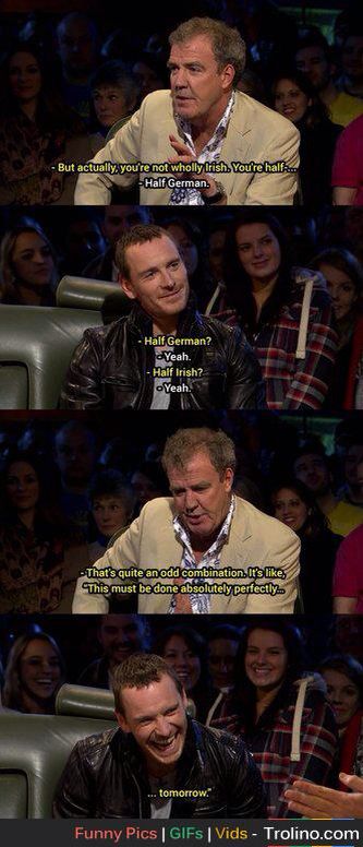 Half German, Half Irish Michael Fassbender, Humour, Top Gear Funny, Random Celebrities, Top Gear Uk, Jeremy Clarkson, Charles Xavier, Irish Funny, Top Gear