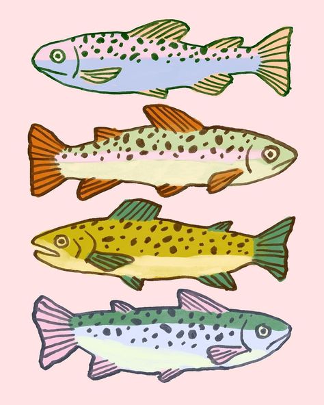 Fun Animal Paintings Easy, Different Fish Drawing, Cute Art To Draw, Canned Fish Illustration, Funky Fish Drawing, Fish Paintings Easy, Funky Illustrations Drawings, Cool Fish Drawing, Cartoon Animals Cute Drawing