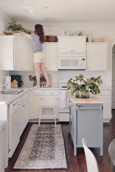 Styling Cabinet Tops, Baskets Above Kitchen Cabinets, Empty Space Above Kitchen Cabinets, Decorating The Top Of Kitchen Cabinets, Top Kitchen Cabinets Decor, Character Kitchen, Above Cabinet Decor Kitchen, Decorate Top Of Kitchen Cabinets, Decorate Above Kitchen Cabinets