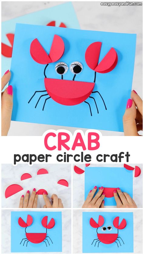 Under The Sea Diy Crafts, Kindergarten Activities Art Crafts, Art And Craft Ideas For Kindergarten, Paper Plate Palm Tree Craft, Tk Craft Ideas, Paper Crab Craft, 3d Crab Craft, Crab Art Preschool, Kindergarten Crafts Easy Art Projects