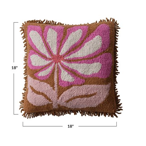 "Buy the 18\" Pink & Natural Flower Punch Hook Pillow with Fringe at Michaels. com. This cotton punch hook pillow with a flower and fringe design in brown, pink, and natural colors is a charming and inviting addition to any space. This cotton punch hook pillow with a flower and fringe design in brown, pink, and natural colors is a charming and inviting addition to any space. The pillow features a vibrant and textured cotton punch hook fabric, a delicate flower design with a fringe trim, and a po Pink Lumbar Pillow, Tufted Pillow, Hook Pillow, Orange Pillow, Hooked Pillow, Fringe Pillows, Beautiful Flower Designs, Boho Throw Pillows, Flower Throw Pillows