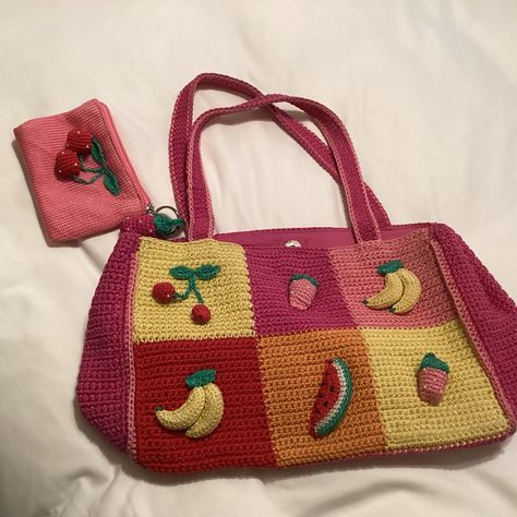 The Sak Crocheted Super Fun Summer Purse With Matching Chane Purse And Key Fob. Fusia With Colorful Fruit Design.We Know That Sak Bags Are Durable And Can Be Used For Several Seasons. Measures 12” Wide X4” Deep X9” High And 9” Straps, Never Used Very Clean ,See All Photos Summer Crochet Bag, Summer Purse, Crochet Decor, Crochet Fruit, Summer Purses, Colorful Fruit, Fruit Design, The Sak, Change Purse