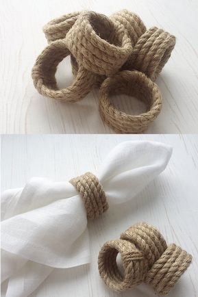 #jute #ecofriendly #rustictabledecor Thanksgiving Table Settings Rustic, Rope Napkin Rings, Joululahjat Diy, Diy Napkin Folding, Thanksgiving Table Settings Simple, Rustic Napkin Rings, Napkin Rings Diy, Rustic Napkins, Diy Napkins