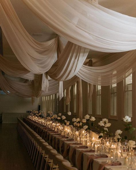 Wedding Cross With Drape, Champagne Wedding Reception Decor, Low Wedding Table Centerpieces, Barn Draping Wedding, Alter Wedding Decorations, Wedding Table Centerpieces Candles, 50 People Wedding, Rooftop Wedding Decor, Champagne Aesthetic