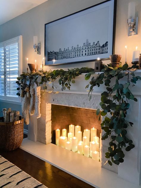 Faux Fireplace Candle Ideas, Sealed Fireplace Ideas, Ambient Living Room Lighting, Unused Fireplace Decor, Nonworking Fireplace Ideas, Fake Fireplace Decor, Fake Mantle Ideas, Fake Fireplace Ideas Living Rooms, Fake Fireplace Ideas