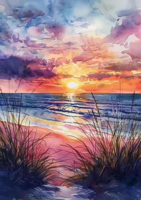 Discover a vibrant collection of 30 watercolor sunset painting ideas that will inspire your next masterpiece. From tranquil beach scenes to fiery skies, each idea is a burst of color and creativity. Perfect for artists of all levels, these watercolor sunsets are a great way to enhance your painting skills. Plus Free Watercolor Stencils! ! #WatercolorSunset #SunsetPainting #ArtInspiration #WatercolorIdeas #PaintingTutorial #ArtistsOfPinterest #SunsetArt Watercolor Lake Sunset, Pastel Colors Painting Ideas, Watercolor Art Landscape Sunsets, Watercolor Sunset Beach, Watercolor Sunsets, Watercolor Beach Painting, Sunset Beach Landscape, Laia Lopez, Sunset Painting Ideas