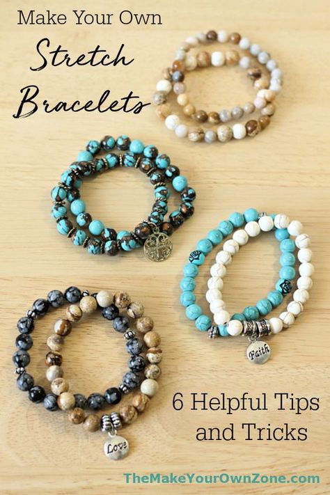 Make stylish stretch cord bracelets that are fun to wear using these 6 handy tips. You won't be able to make just one! Bead Stretch Bracelets Diy, Making Bead Bracelets How To, Making Bracelets With Stretch Cord, How To Make Crystal Bead Bracelets, Diy Bracelets Braided, Diy Bead Bracelets Stretch, Stretch Beaded Bracelets Diy How To Make, How To Make Charm Bracelets Diy, Making Boho Jewelry