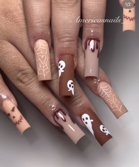 Neutral Halloween Nails Coffin, Spooky Halloween Nails Medium Length, Spooky Season Nails Square, Brown Nails Halloween, Spooky Season Nails Simple, Brown Spooky Nails, Fall Nails October, Halloween Nails Square Medium, Halloween Neutral Nails