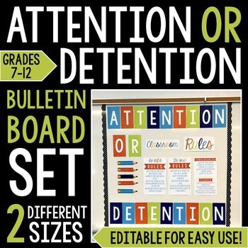 Bulletin Board Set: Attention OR Detention Classroom Rules 7-12 -- Black & White version now available to print on any color cardstock to fit your classroom decor theme! This bulletin board set resonates well with middle and high school students! Detention Classroom, Work Bulletin Boards, Superhero Teacher, Guidance Counseling, Middle School Math Teacher, Apps For Teachers, 8th Grade Science, Teaching Plan, Bulletin Board Sets