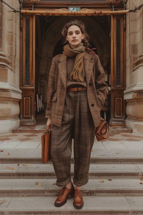 Blazer Outfits Vintage, Autumn Woman Outfits, Library Chic Fashion, Tomboy Academia Outfits, Dark Academia Boots Outfit, Dark Academia Detective Outfits, Vintage Outfit Style, Dark Academia Outfit Vintage, Outfits With Personality