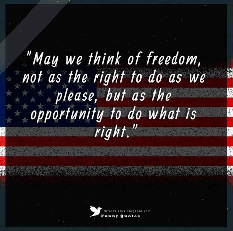 "May we think of freedom, not as the right to do as we please, but as the opportunity to do what is right." - Peter Marshall, Independence Day Quotes. July 4th quote Quotes For Independence Day, Fourth Of July Quotes, Veterans Day Quotes, Independence Day Quotes, July Quotes, Patriotic Quotes, Freedom Quotes, Independance Day, Holiday Quotes