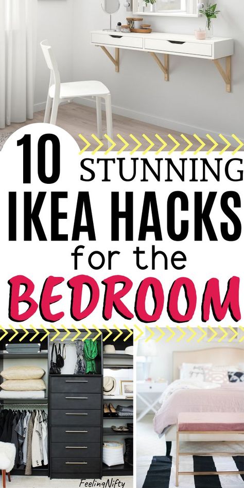 10 Brilliant Ikea Hacks That Will Take Your Bedroom To The Next Level. Ikea ideas for small spaces, apartment master bedrooms, for couples and women. Liven up your bedroom decor, with a cheap bed headboard, gorgeous white and grey dresser hacks with the malm, and nifty closet storage ideas, and a  super organized black wardrobe. With a dream shoe closet. Find some inspiration for all-things-bedroom! #ikea #ikeahacks #ikeabedroom #bedroom #decorIdeas Ikea Bedroom Ideas For Couples, Ikea Hack Bedroom, Small Closet Organization Bedroom, Closet Ikea, Closet Small Bedroom, Hacks Ikea, Bedroom Hacks, Small Bedroom Storage, Ikea Closet