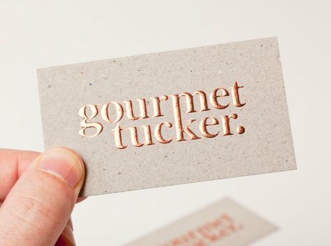 LOVE THIS! Gourmet Tucker business card with copper block foil print finish across a mixed fibre, uncoated, unbleached board designed by Supply. Photography Logos, Embossed Business Cards, Foil Business Cards, Letterpress Business Cards, Business Card Inspiration, Unique Business Cards, Business Cards Creative, New Logo, Print Packaging