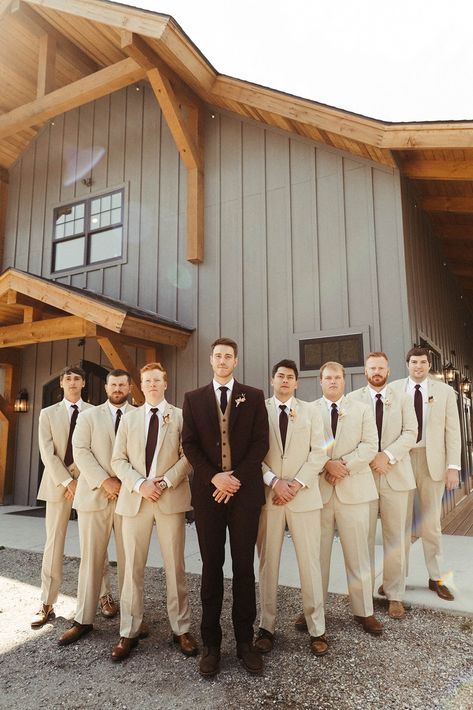 Groomsman Brown Suit, Brown Groom And Groomsmen Attire, Tan Groomsmen Suits Black Groom, Chocolate Brown Groomsmen Suits, Tan Suit With Black Tie, Tan Groom Black Groomsmen, Neutral Tuxedo Wedding Grooms, Tan Suit With Brown Tie, Tan And Brown Suit