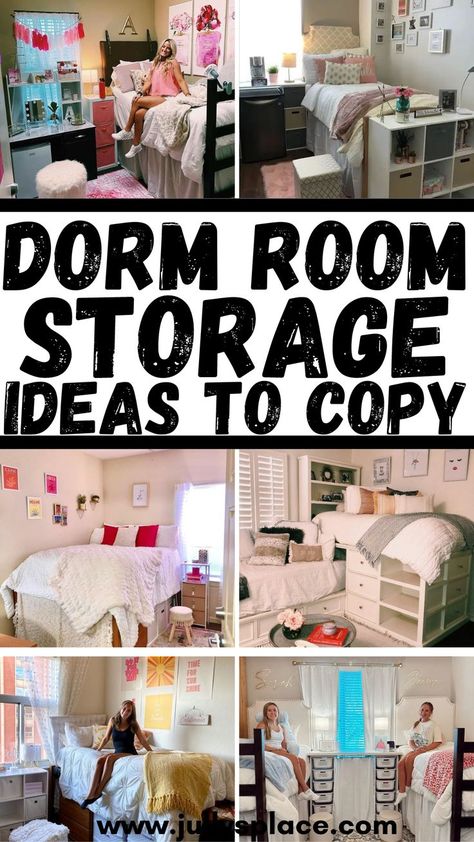 dorm room storage ideas, dorm room organization , dorm room inspo, dorm room storage College Dorm Jewelry Storage, Dorm Wall Storage, College Room Storage Ideas, Bunk Bed Storage Ideas Shelves, Shoe Storage Dorm Room, Under The Bed Storage Ideas Dorm, Dorm Room Layouts Double Lofted, Dorm Room Shelving Ideas, Under Loft Bed Storage Ideas