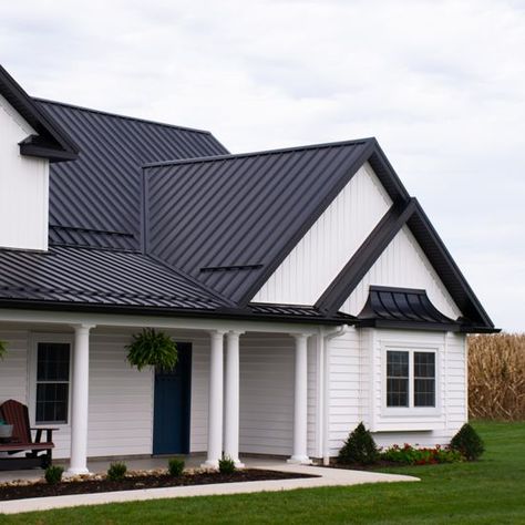 Black Metal Roof White House, Black Tin Roof, Metal Roof Houses Color Combos, Metal Roofs Farmhouse, Black Metal Roof, Metal Roof Houses, Metal Roof Colors, Roof Paint, Metal Roofs