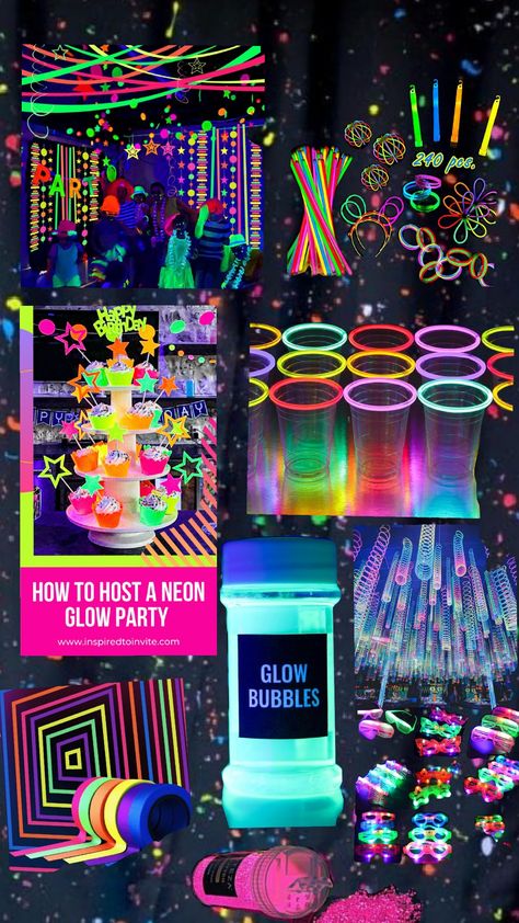 ♡♡♡♡ my glow party ♡♡♡♡ 13 Neon Party, Glow In The Dark Candy Table, Neon Garden Party, Birthday Party Ideas Glow In The Dark, Teen Party Ideas Themes, Glow Disco Party, Glow Sweet 16 Party, Glow Bar Party Ideas, Neon Hoco Theme