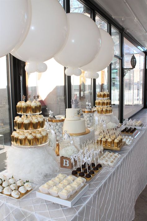 White And Gold Party Food Table, White Sweet Table Ideas, Gold Theme Engagement Party, White And Gold Dessert Table Ideas, Cloud Baby Shower Dessert Table, Cloud Nine Dessert Table, How We Wonder What You Are Cake, Dry Ice Dessert Table, New Years Baby Shower Theme